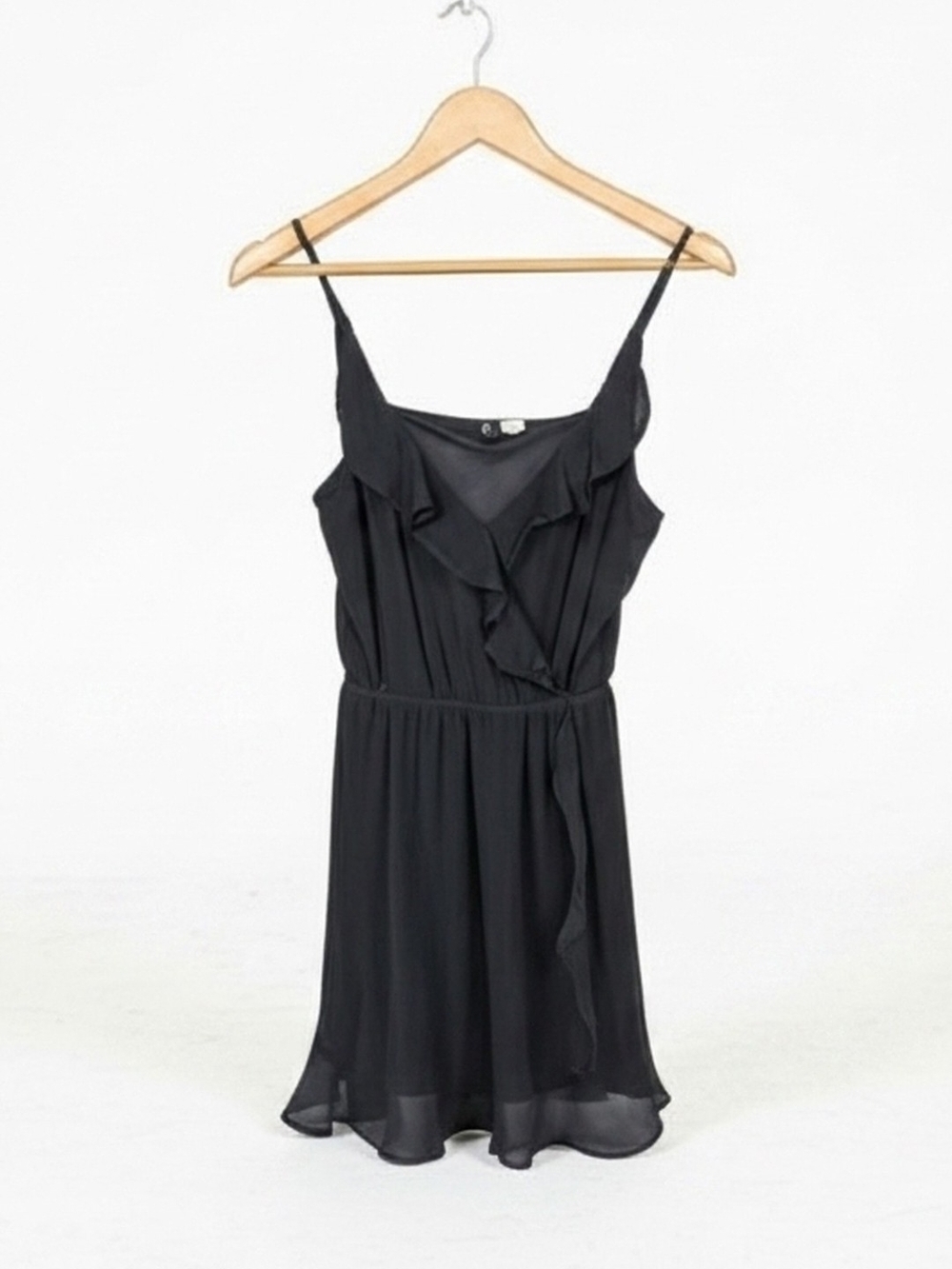 H&M Divided Black Ruffle Flowy Faux Wrap Spaghetti Strap Mini Dress Size S